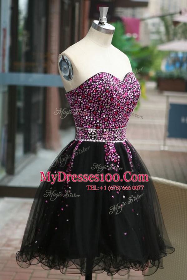 Deluxe Black A-line Sweetheart Sleeveless Organza Knee Length Lace Up Beading Prom Party Dress