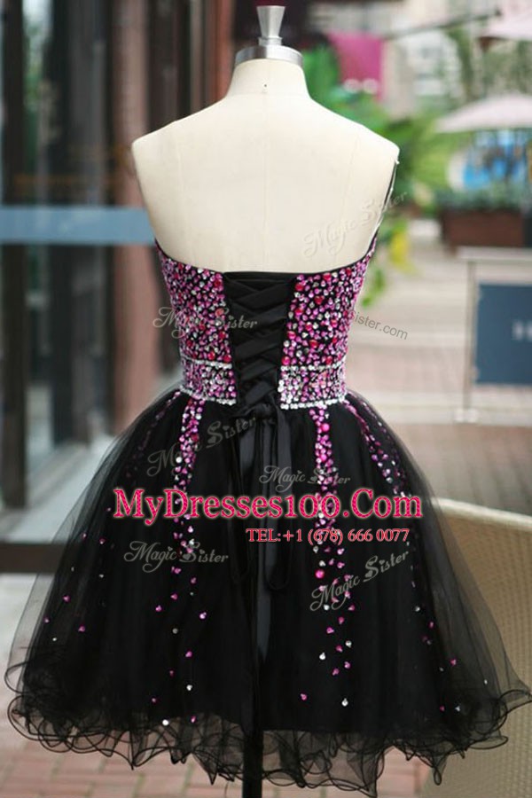 Deluxe Black A-line Sweetheart Sleeveless Organza Knee Length Lace Up Beading Prom Party Dress