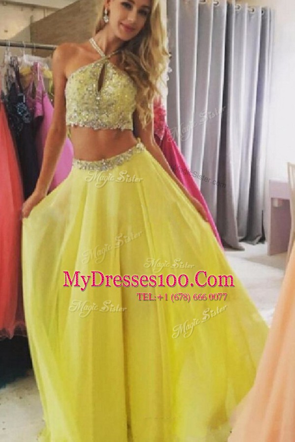 Halter Top Chiffon Sleeveless Floor Length Evening Dress and Beading