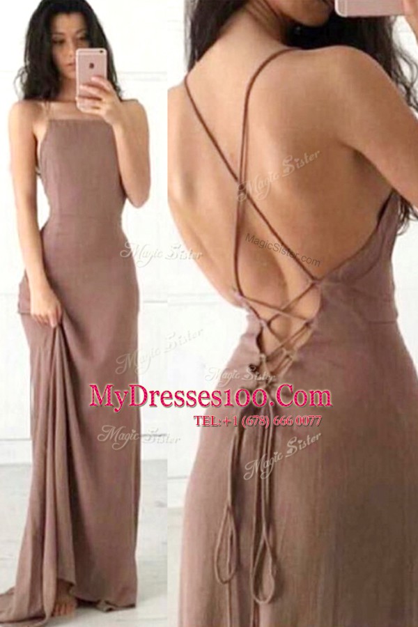 Brown Elastic Woven Satin Criss Cross Spaghetti Straps Sleeveless With Train Sweep Train Ruching