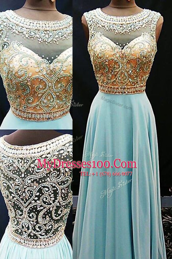 Discount Scoop Aqua Blue A-line Beading Prom Party Dress Side Zipper Chiffon Sleeveless Floor Length
