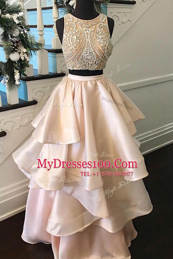 Colorful Scoop Satin Sleeveless Floor Length Prom Gown and Beading