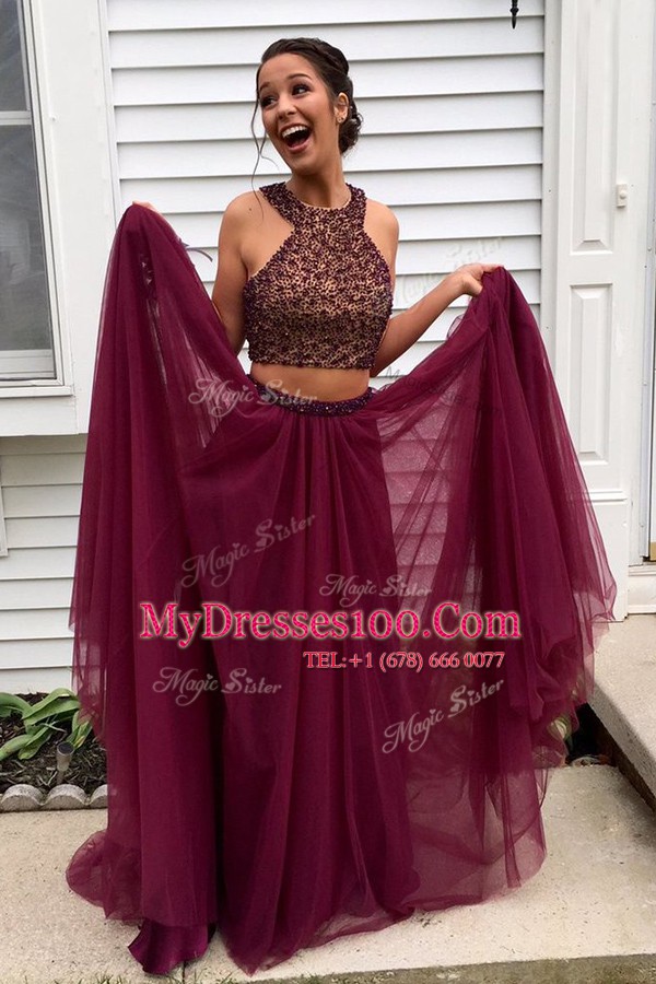 Sophisticated Halter Top Sleeveless Tulle With Train Sweep Train Backless Homecoming Dress in Burgundy with Beading