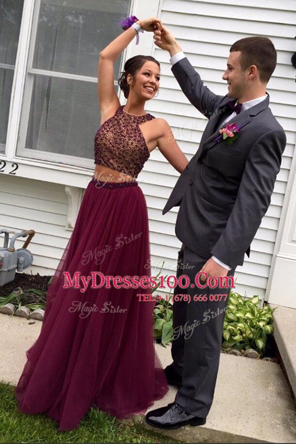 Sophisticated Halter Top Sleeveless Tulle With Train Sweep Train Backless Homecoming Dress in Burgundy with Beading