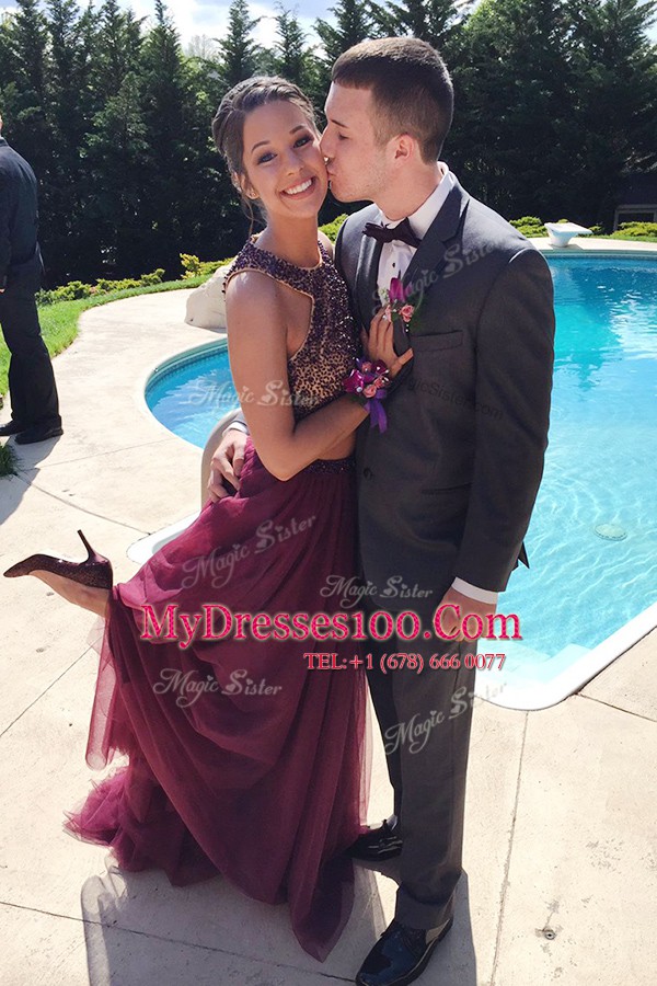 Sophisticated Halter Top Sleeveless Tulle With Train Sweep Train Backless Homecoming Dress in Burgundy with Beading