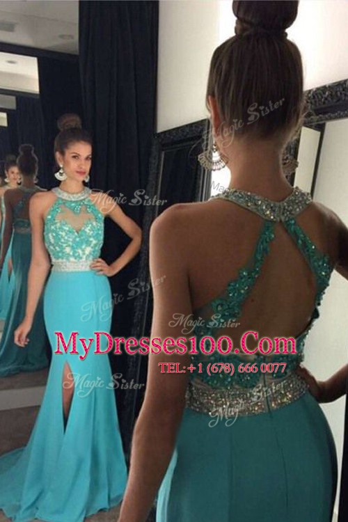 Halter Top Aqua Blue Sleeveless Brush Train Beading and Appliques With Train Evening Gowns