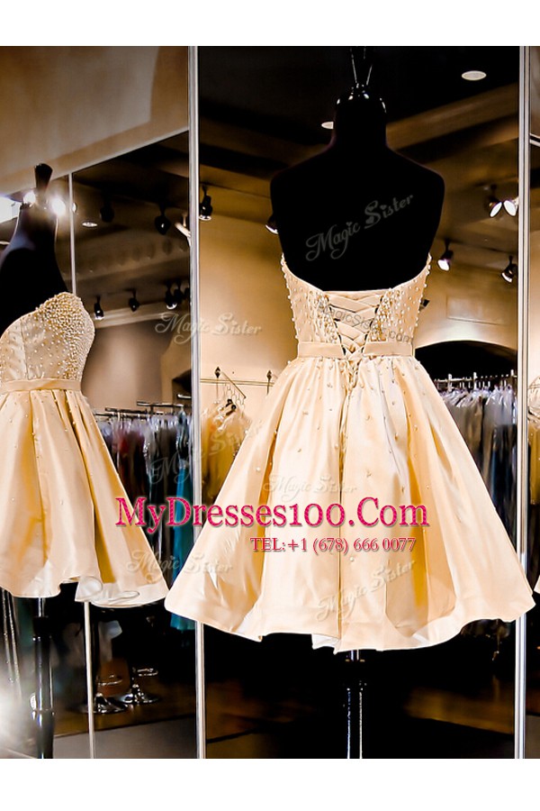 Vintage Beading Party Dress for Girls Champagne Lace Up Sleeveless Knee Length