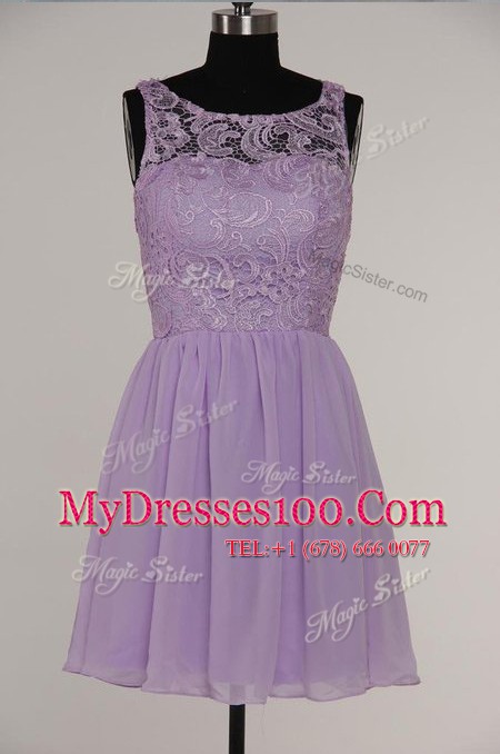 A-line Prom Evening Gown Lavender Scoop Chiffon and Lace Sleeveless Knee Length Zipper