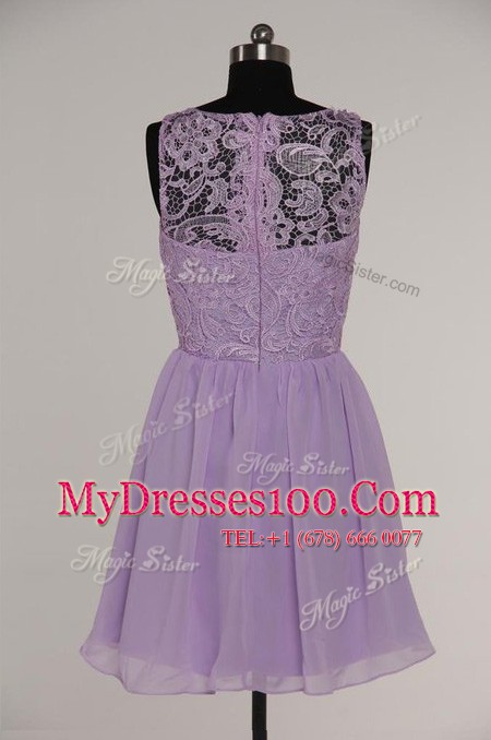A-line Prom Evening Gown Lavender Scoop Chiffon and Lace Sleeveless Knee Length Zipper