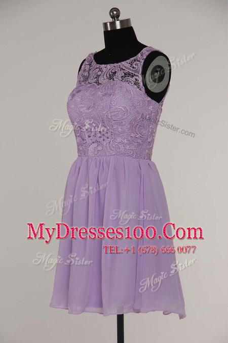 A-line Prom Evening Gown Lavender Scoop Chiffon and Lace Sleeveless Knee Length Zipper
