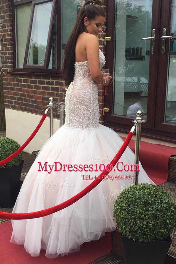 Mermaid Halter Top Sleeveless Tulle Evening Dress Beading and Ruching Backless