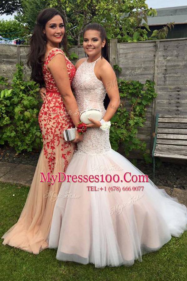 Mermaid Halter Top Sleeveless Tulle Evening Dress Beading and Ruching Backless