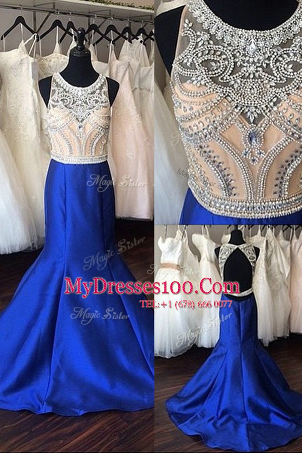 Scoop Mermaid Sleeveless Royal Blue Prom Dress Sweep Train Backless