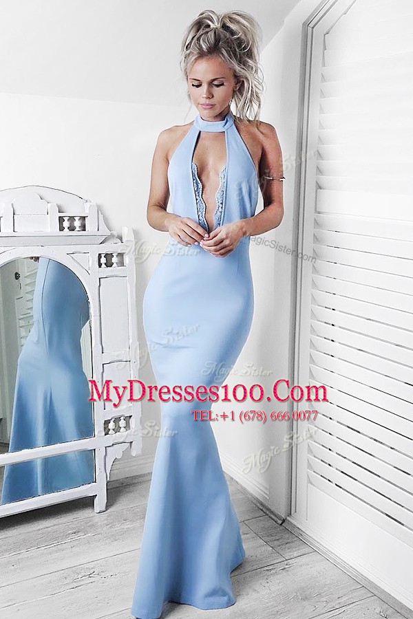 Mermaid Prom Gown Light Blue Halter Top Satin Sleeveless Floor Length Backless