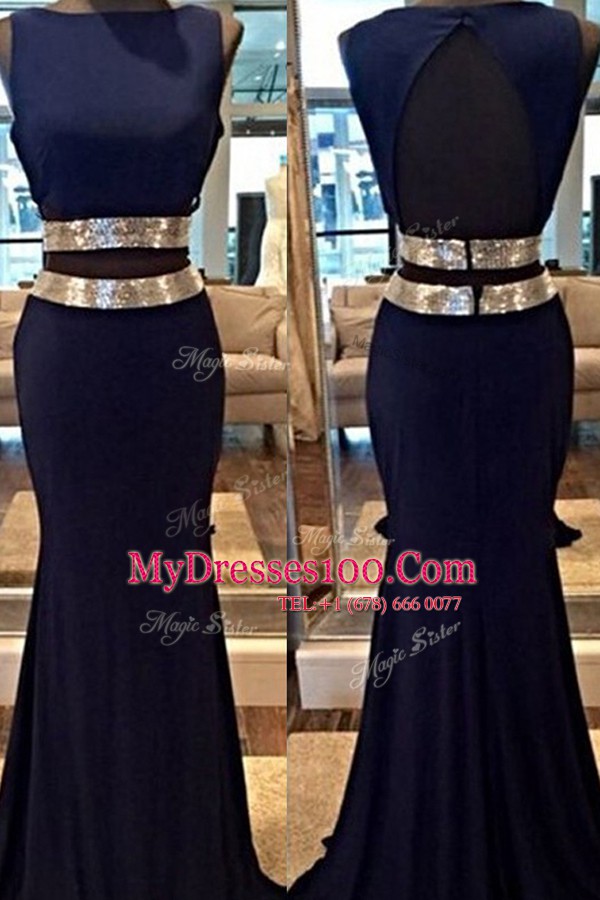 Mermaid Sequins Bateau Sleeveless Backless Prom Gown Navy Blue Elastic Woven Satin