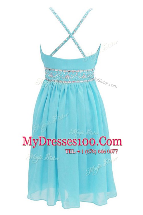 Simple Aqua Blue Teens Party Dress Prom and For with Beading Halter Top Sleeveless Criss Cross