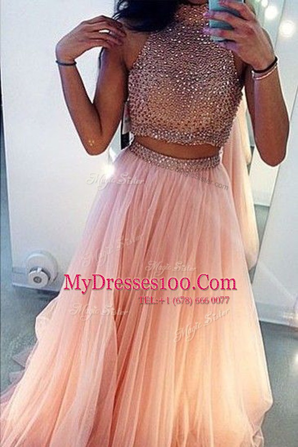 Perfect Peach High-neck Neckline Beading Evening Gowns Sleeveless Side Zipper