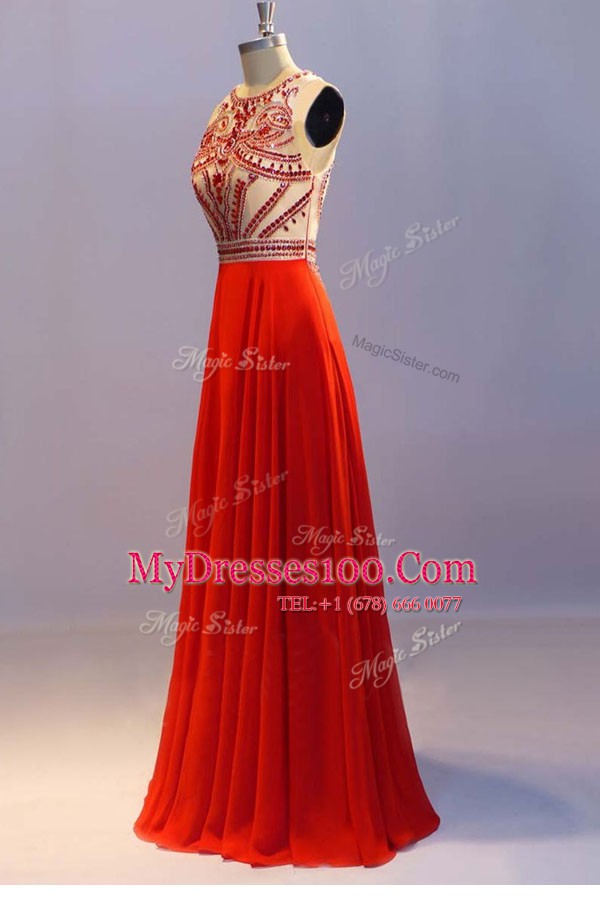 Coral Red Scoop Neckline Beading and Pleated Prom Dresses Sleeveless Side Zipper
