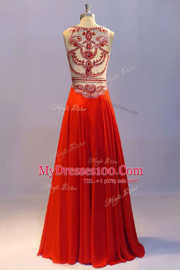 Coral Red Scoop Neckline Beading and Pleated Prom Dresses Sleeveless Side Zipper