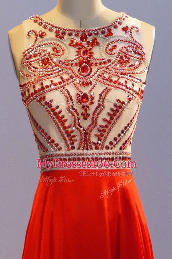 Coral Red Scoop Neckline Beading and Pleated Prom Dresses Sleeveless Side Zipper