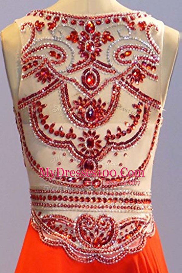 Coral Red Scoop Neckline Beading and Pleated Prom Dresses Sleeveless Side Zipper
