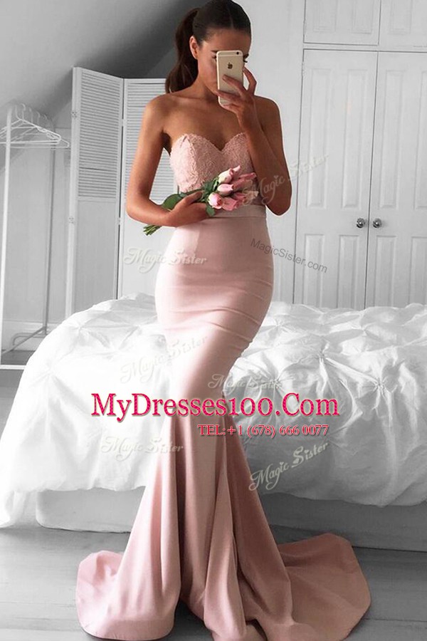 Sweep Train Mermaid Formal Evening Gowns Pink Sweetheart Elastic Woven Satin Sleeveless Zipper