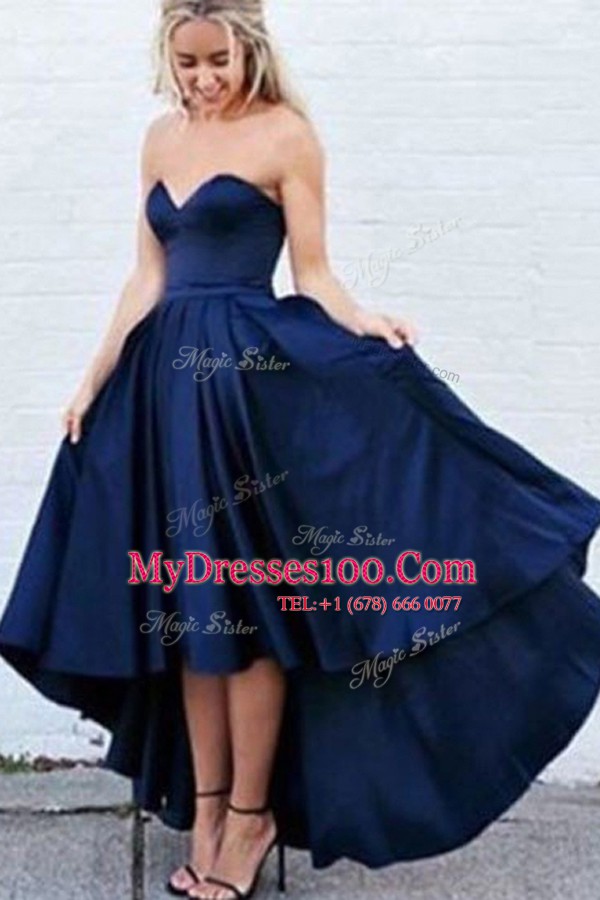 Shining Sleeveless Satin High Low Zipper Prom Dress in Navy Blue with Pleated