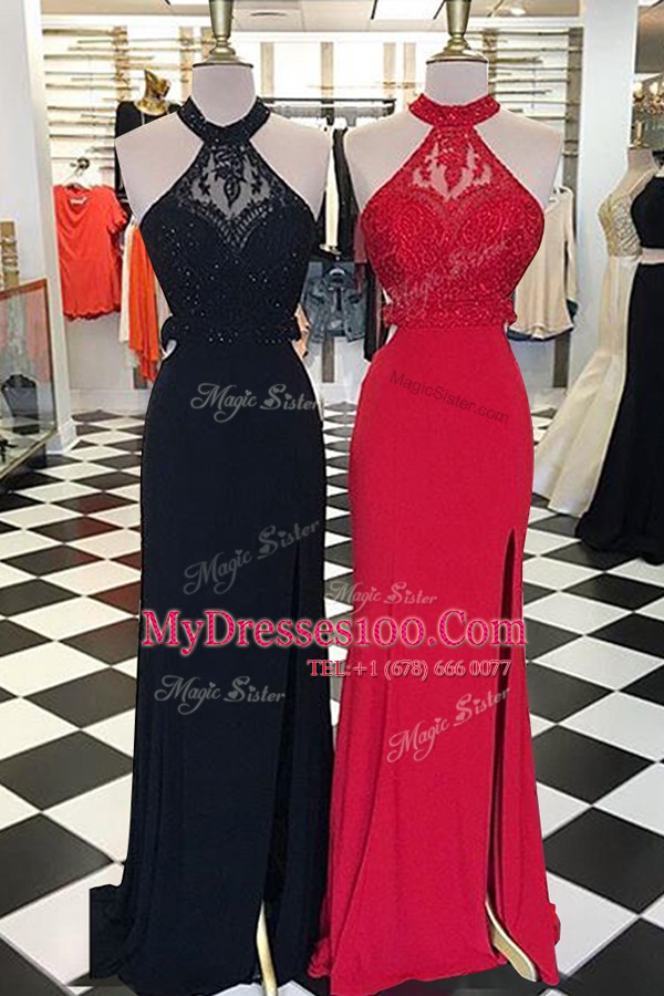 Scoop Sleeveless With Train Beading and Lace Backless Homecoming Dress with Black Sweep Train