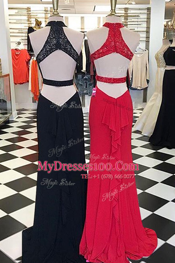 Scoop Sleeveless With Train Beading and Lace Backless Homecoming Dress with Black Sweep Train