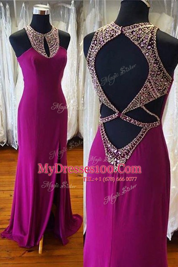 Attractive Scoop Sleeveless Sweep Train Backless Prom Dress Fuchsia Elastic Woven Satin