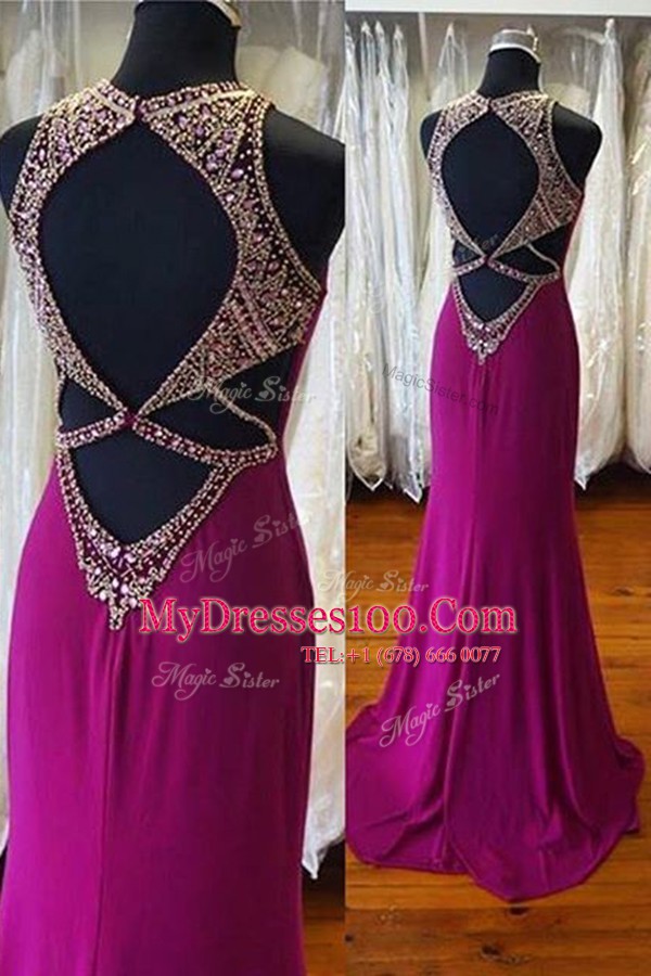 Attractive Scoop Sleeveless Sweep Train Backless Prom Dress Fuchsia Elastic Woven Satin