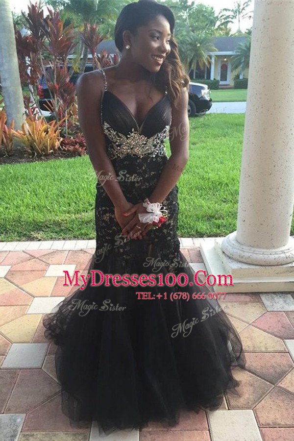 Traditional Mermaid V-neck Sleeveless Floor Length Beading and Lace Black Tulle