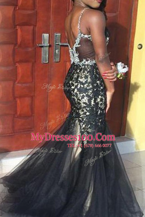 Traditional Mermaid V-neck Sleeveless Floor Length Beading and Lace Black Tulle