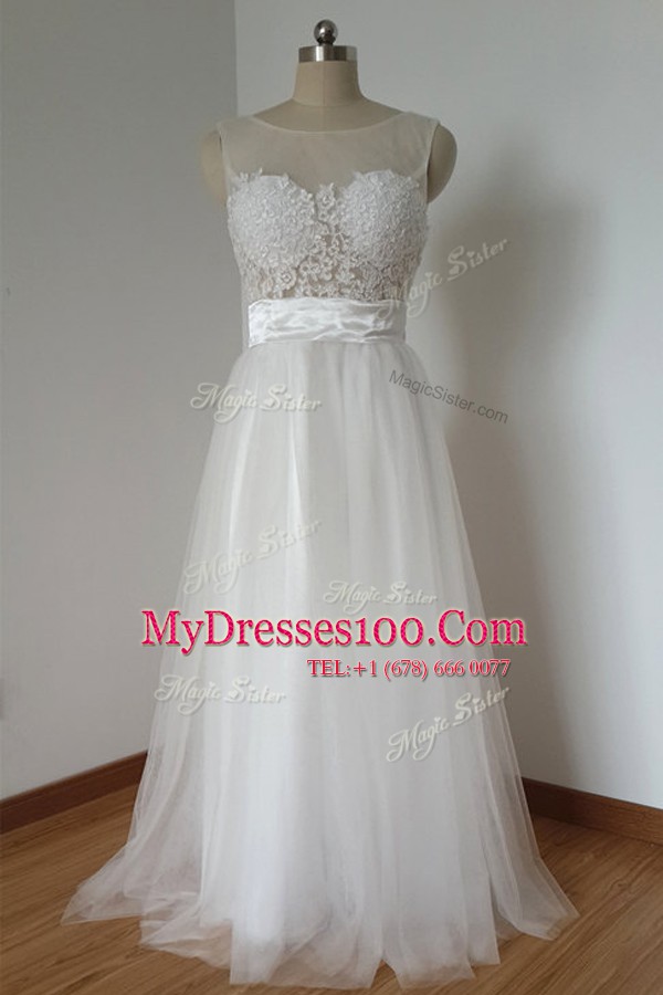 Scoop Sleeveless Prom Gown Floor Length Lace White Tulle