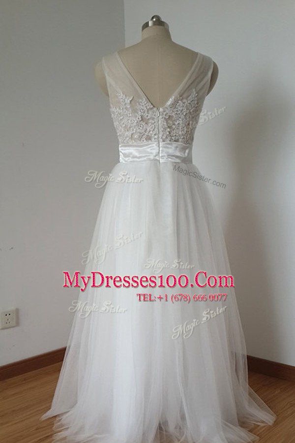 Scoop Sleeveless Prom Gown Floor Length Lace White Tulle
