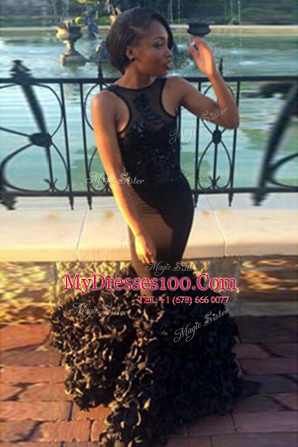 Traditional Mermaid Black Satin Backless Scoop Sleeveless Floor Length Lace