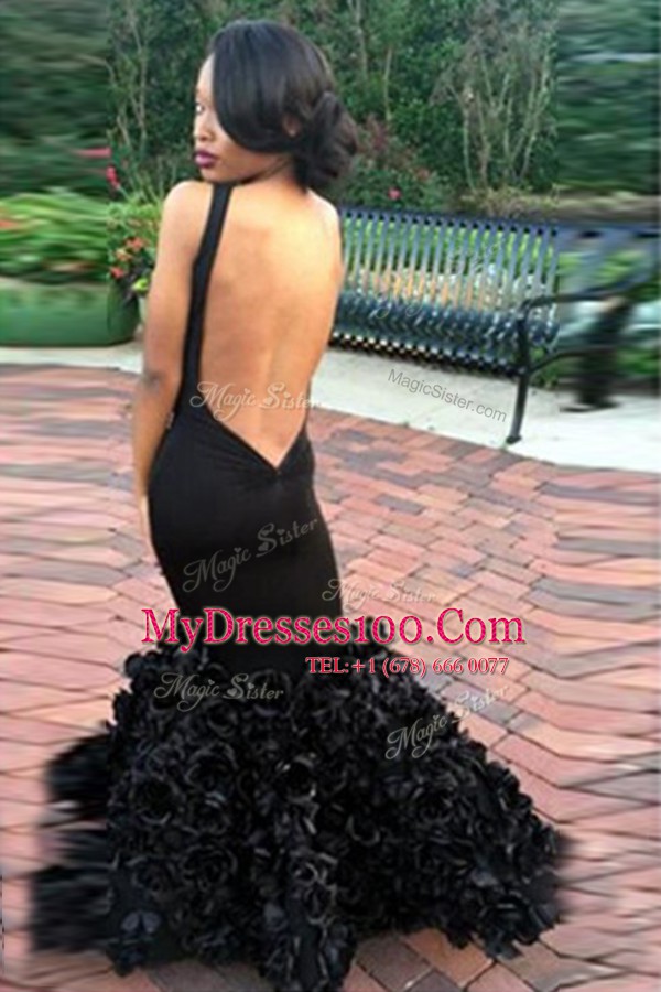Traditional Mermaid Black Satin Backless Scoop Sleeveless Floor Length Lace