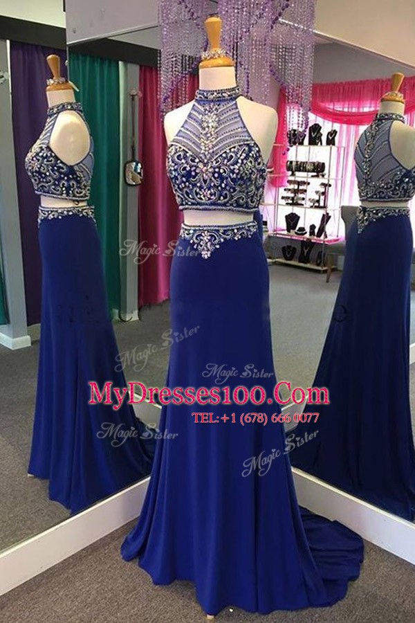 Wonderful With Train Royal Blue Prom Evening Gown Elastic Woven Satin Sweep Train Sleeveless Beading