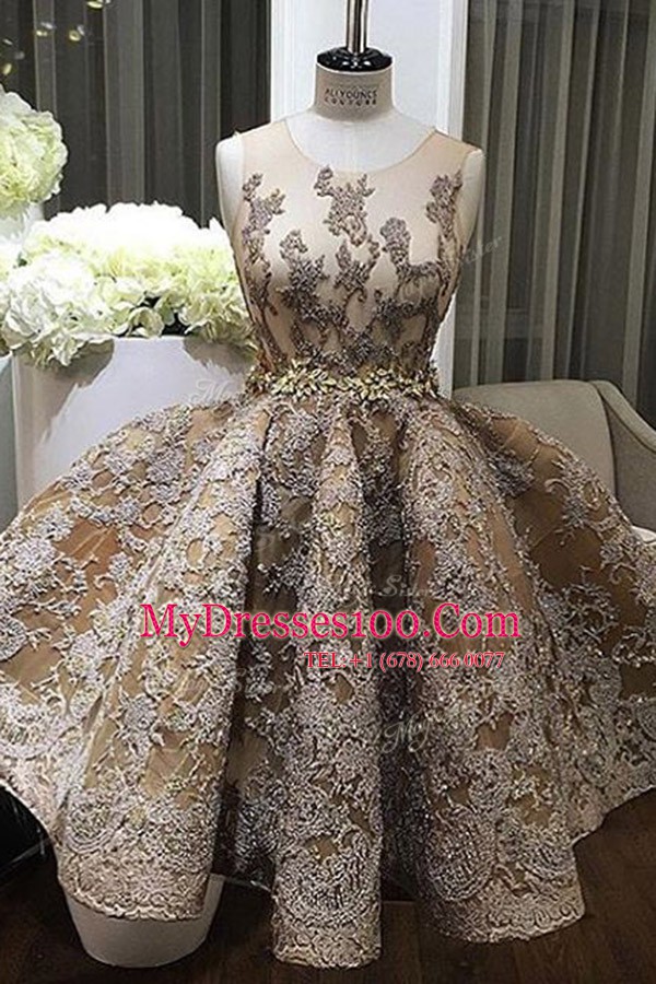Adorable Scoop Sleeveless Evening Dress Mini Length Lace and Appliques Champagne Satin