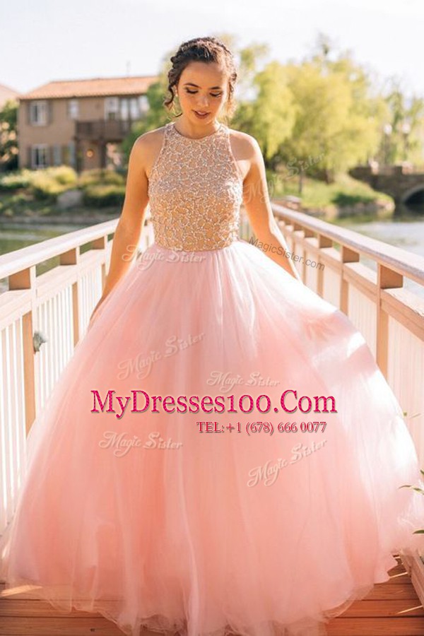 Scoop Pink Zipper Military Ball Gown Beading Sleeveless Floor Length