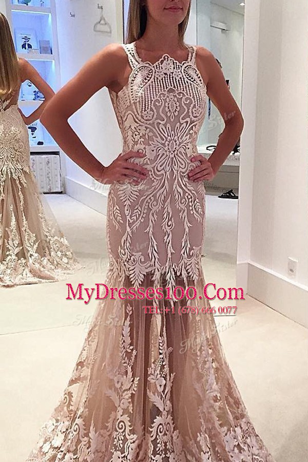 Mermaid Scoop Champagne Sleeveless Lace and Appliques Zipper Evening Dress
