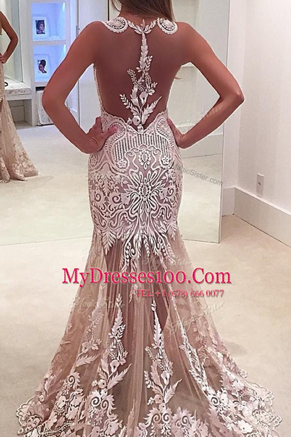 Mermaid Scoop Champagne Sleeveless Lace and Appliques Zipper Evening Dress