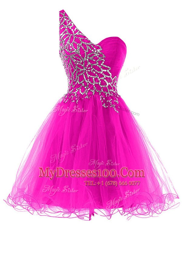 One Shoulder Mini Length Zipper Prom Evening Gown Fuchsia for Prom and Party with Beading