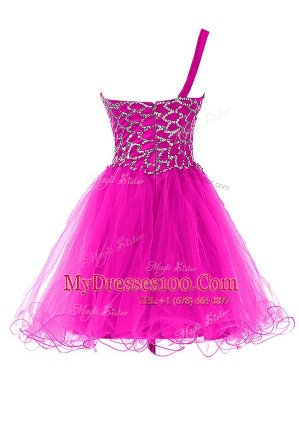 One Shoulder Mini Length Zipper Prom Evening Gown Fuchsia for Prom and Party with Beading