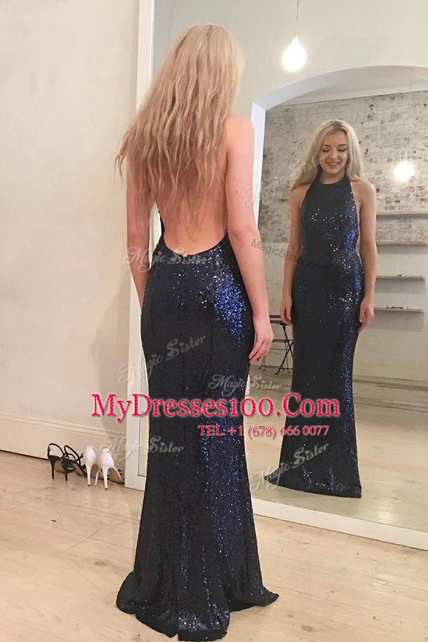 Noble Mermaid Sequins Floor Length Navy Blue Dress for Prom Scoop Sleeveless Backless