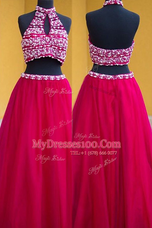 Halter Top Floor Length A-line Sleeveless Fuchsia Prom Evening Gown Backless