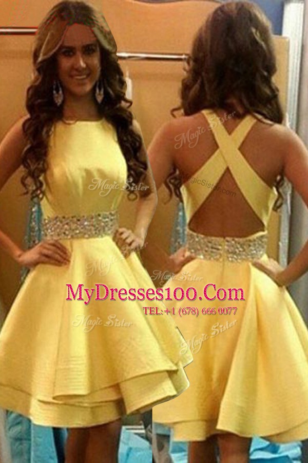 Scoop Yellow Criss Cross Party Dress for Toddlers Beading Sleeveless Knee Length