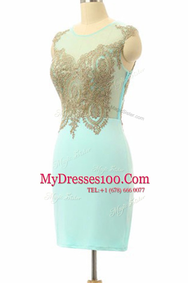 Fashionable Turquoise Column/Sheath Chiffon Bateau Sleeveless Lace Mini Length Side Zipper