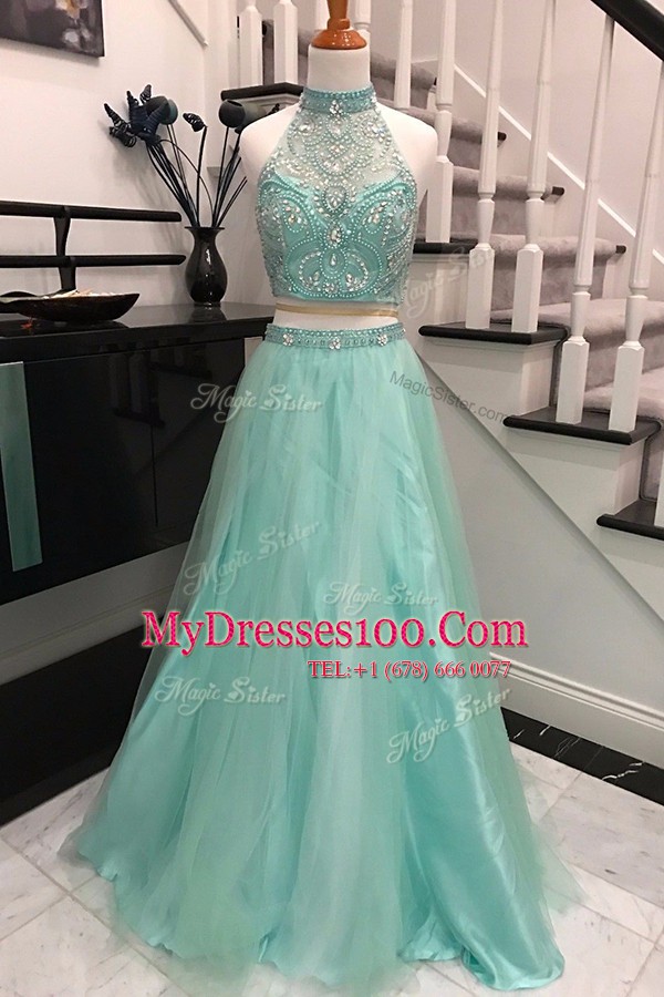 Flare Halter Top Apple Green Sleeveless With Train Beading Backless Prom Party Dress