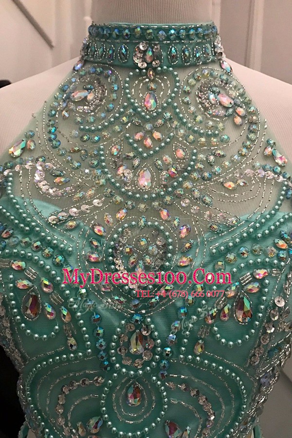 Flare Halter Top Apple Green Sleeveless With Train Beading Backless Prom Party Dress